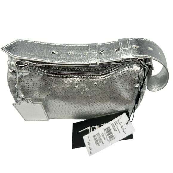 Nicole Miller Silver Sequin Shiny Strap Shoulder Bag Purse Logo Formal Dressy - Picture 5 of 8